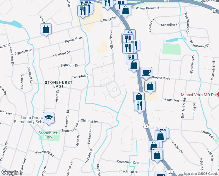 map of restaurants, bars, coffee shops, grocery stores, and more near 120 Stonehurst Boulevard in Freehold