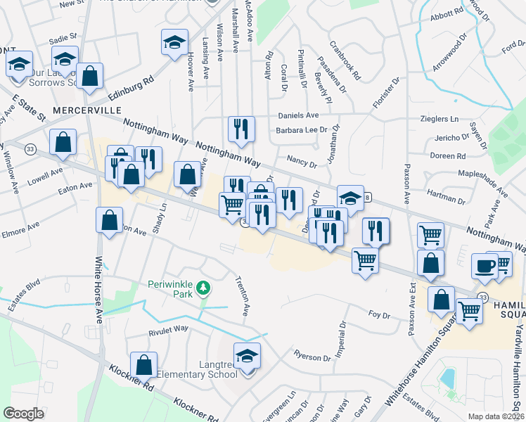 map of restaurants, bars, coffee shops, grocery stores, and more near 724 New Jersey 33 in Hamilton Township