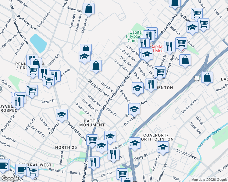 map of restaurants, bars, coffee shops, grocery stores, and more near 687 Martin Luther King Junior Boulevard in Trenton