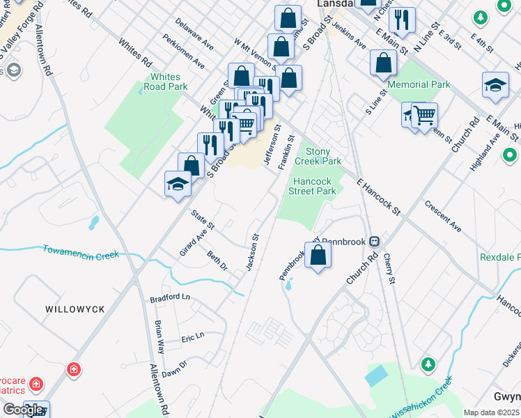 map of restaurants, bars, coffee shops, grocery stores, and more near 645 Franklin Street in Lansdale