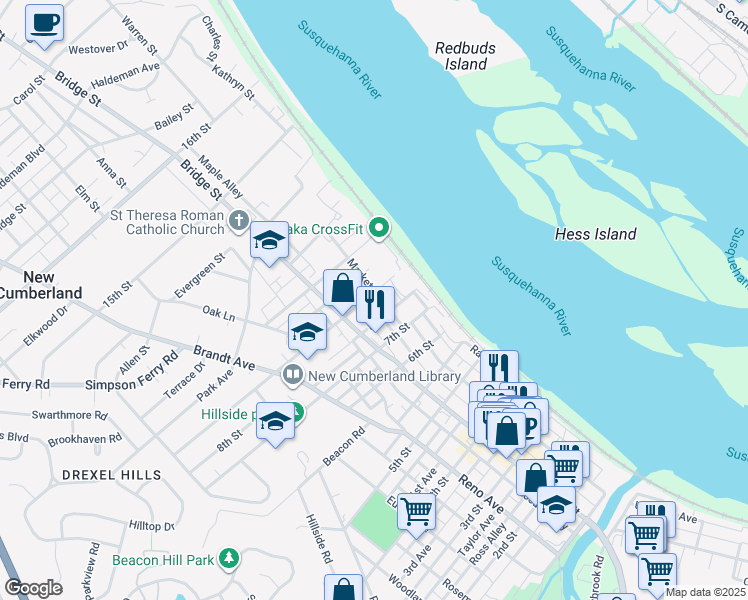 map of restaurants, bars, coffee shops, grocery stores, and more near 200 9th Street in New Cumberland