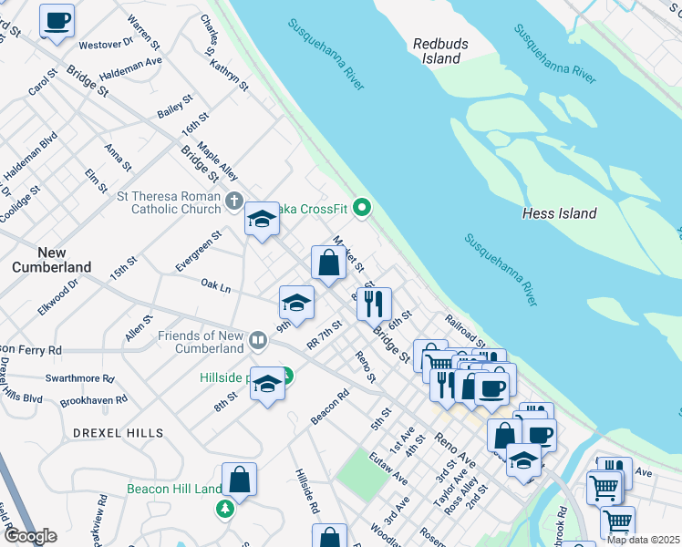 map of restaurants, bars, coffee shops, grocery stores, and more near 200 9th Street in New Cumberland