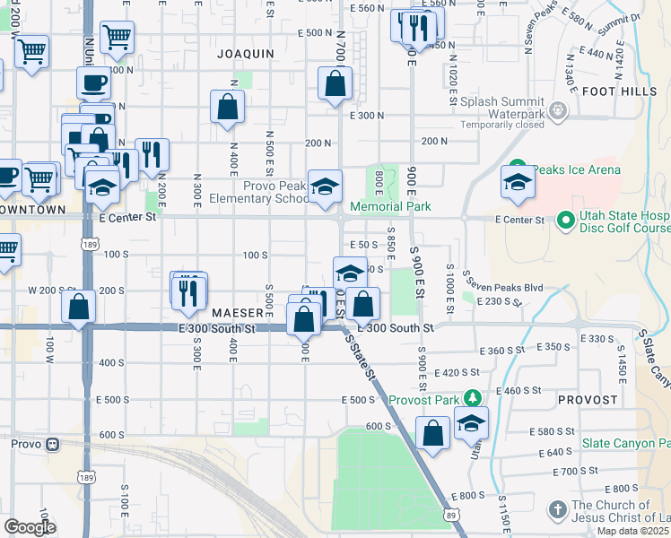 map of restaurants, bars, coffee shops, grocery stores, and more near 128 South 700 East Street in Provo