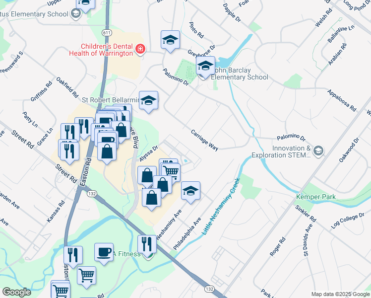 map of restaurants, bars, coffee shops, grocery stores, and more near 5212 Meridian Boulevard in Warrington