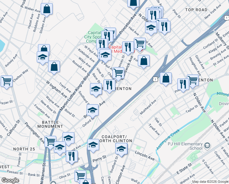 map of restaurants, bars, coffee shops, grocery stores, and more near 500 Brunswick Avenue in Trenton