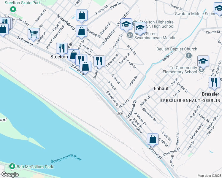 map of restaurants, bars, coffee shops, grocery stores, and more near 327 Blueberry Alley in Steelton