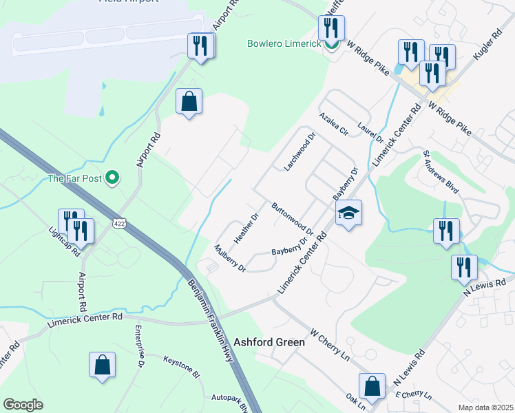 map of restaurants, bars, coffee shops, grocery stores, and more near 517 Thornberry Way in Royersford