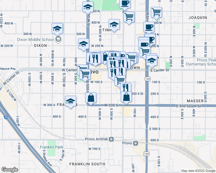 map of restaurants, bars, coffee shops, grocery stores, and more near 138 South 300 West in Provo