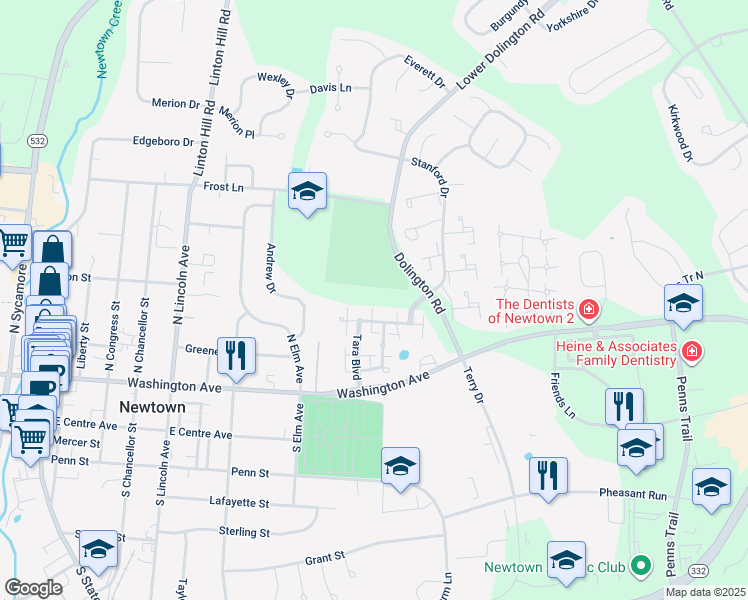 map of restaurants, bars, coffee shops, grocery stores, and more near 308 Sebastian Alley in Newtown