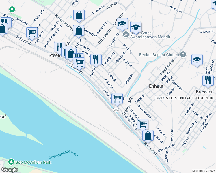 map of restaurants, bars, coffee shops, grocery stores, and more near 327 South 2nd Street in Steelton