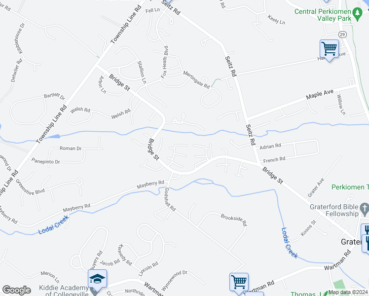map of restaurants, bars, coffee shops, grocery stores, and more near 463 Bridge Street in Collegeville