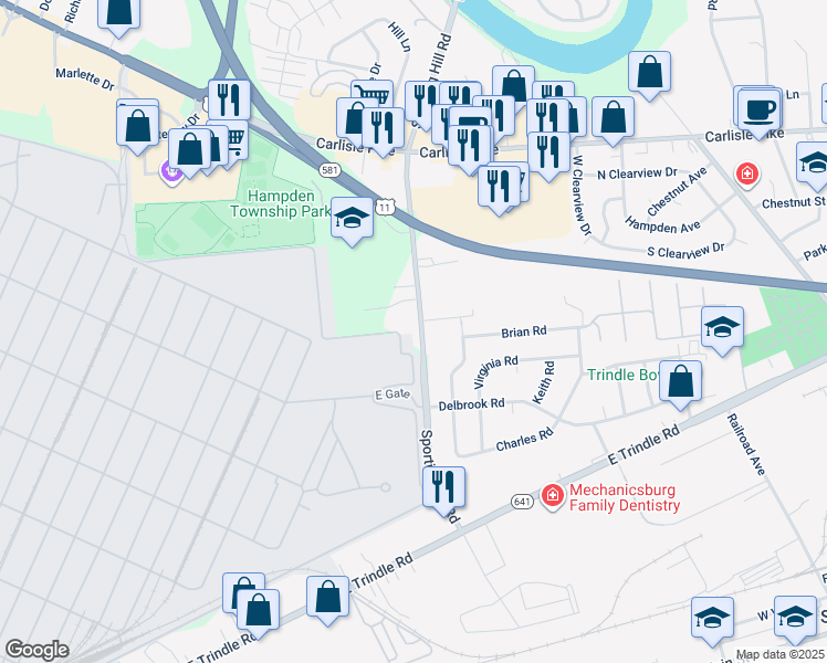 map of restaurants, bars, coffee shops, grocery stores, and more near 300 South Sporting Hill Road in Mechanicsburg