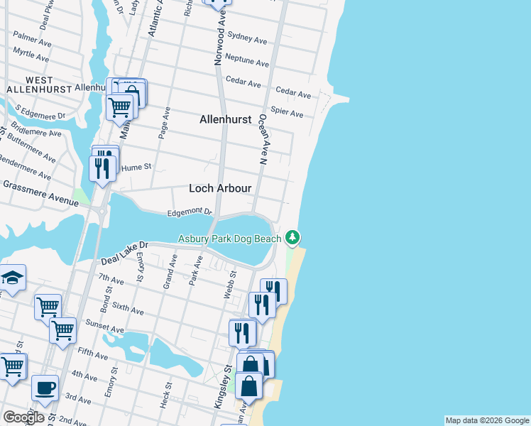 map of restaurants, bars, coffee shops, grocery stores, and more near 101 Edgemont Drive in Allenhurst