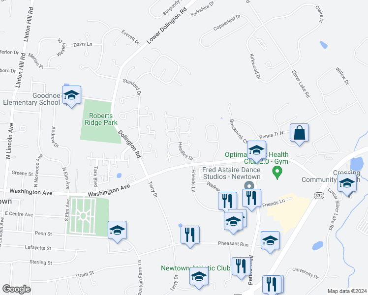 map of restaurants, bars, coffee shops, grocery stores, and more near 4 Bennington Place in Newtown