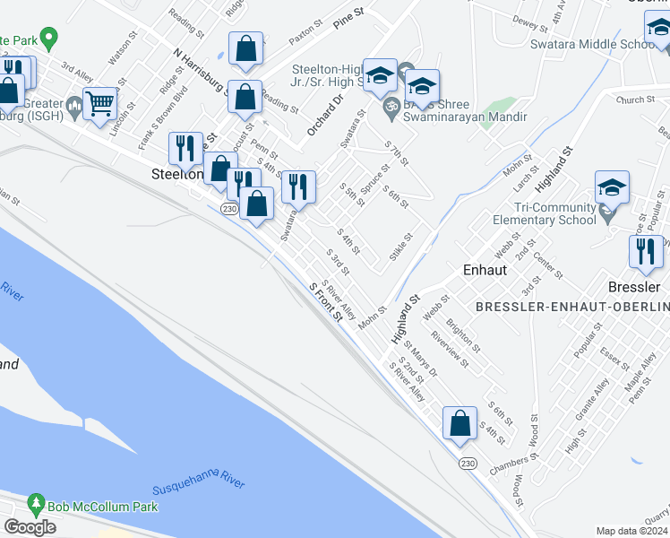 map of restaurants, bars, coffee shops, grocery stores, and more near 325 South 2nd Street in Steelton