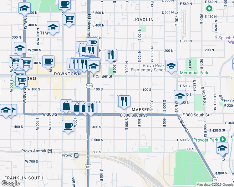 map of restaurants, bars, coffee shops, grocery stores, and more near 172 South 200 East in Provo