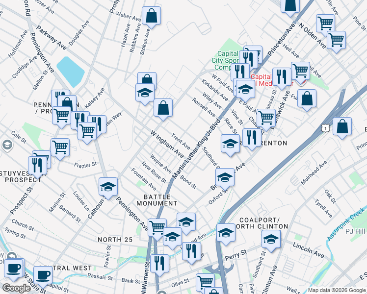 map of restaurants, bars, coffee shops, grocery stores, and more near 687 Martin Luther King Junior Boulevard in Trenton