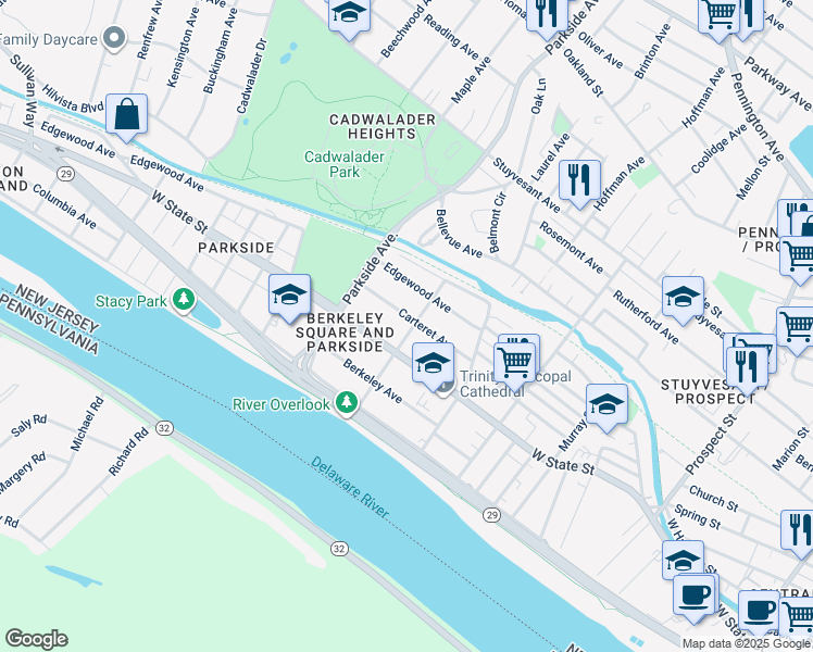 map of restaurants, bars, coffee shops, grocery stores, and more near 900 West State Street in Trenton