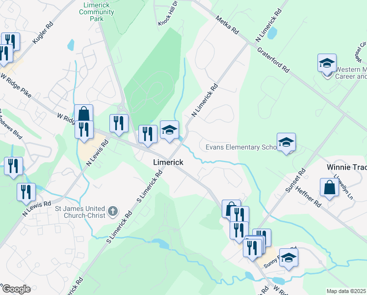 map of restaurants, bars, coffee shops, grocery stores, and more near 12 North Limerick Road in Royersford