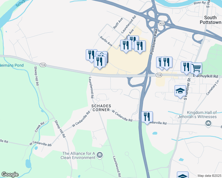 map of restaurants, bars, coffee shops, grocery stores, and more near 610 West Schuylkill Road in Pottstown