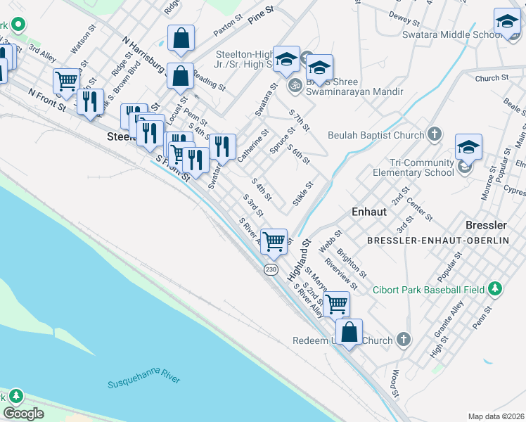 map of restaurants, bars, coffee shops, grocery stores, and more near 351 South 3rd Street in Steelton