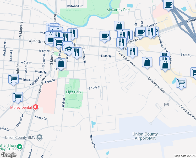 map of restaurants, bars, coffee shops, grocery stores, and more near 84 Pin Oak Drive in Marysville