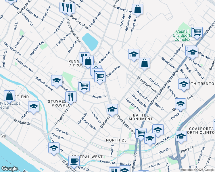 map of restaurants, bars, coffee shops, grocery stores, and more near 360 Pennington Avenue in Trenton