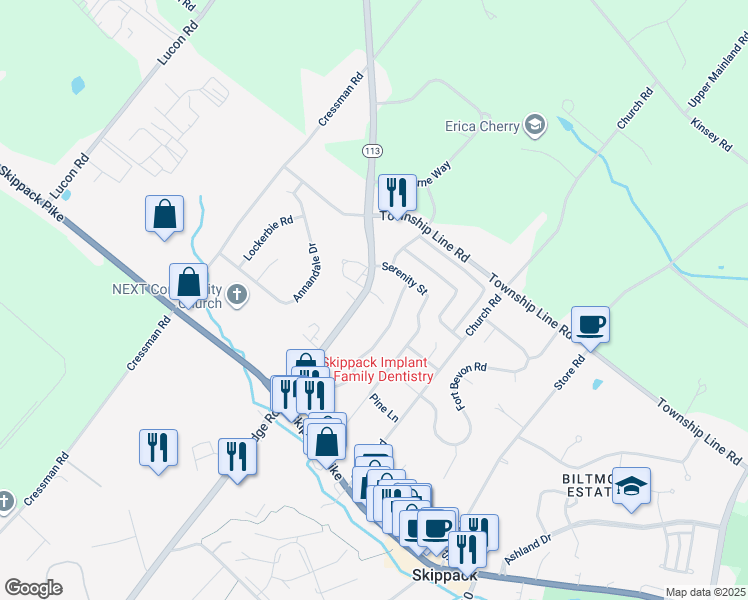 map of restaurants, bars, coffee shops, grocery stores, and more near 2066 Bridge Road in Schwenksville