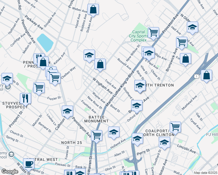 map of restaurants, bars, coffee shops, grocery stores, and more near 612 New Willow Street in Trenton