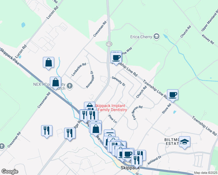 map of restaurants, bars, coffee shops, grocery stores, and more near 2066 Bridge Road in Schwenksville