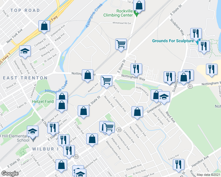 map of restaurants, bars, coffee shops, grocery stores, and more near 1615 East State Street in Trenton
