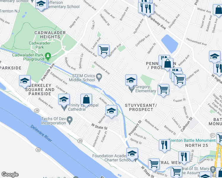map of restaurants, bars, coffee shops, grocery stores, and more near 580 Bellevue Avenue in Trenton