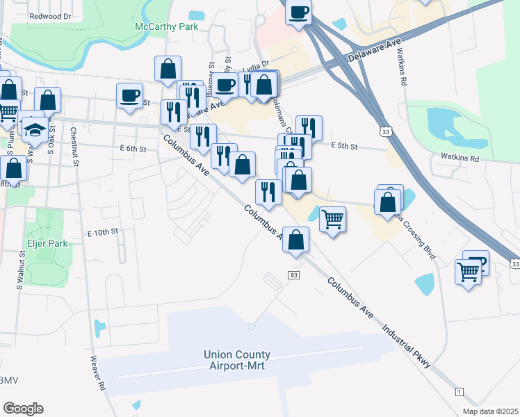 map of restaurants, bars, coffee shops, grocery stores, and more near 1100 Columbus Avenue in Marysville