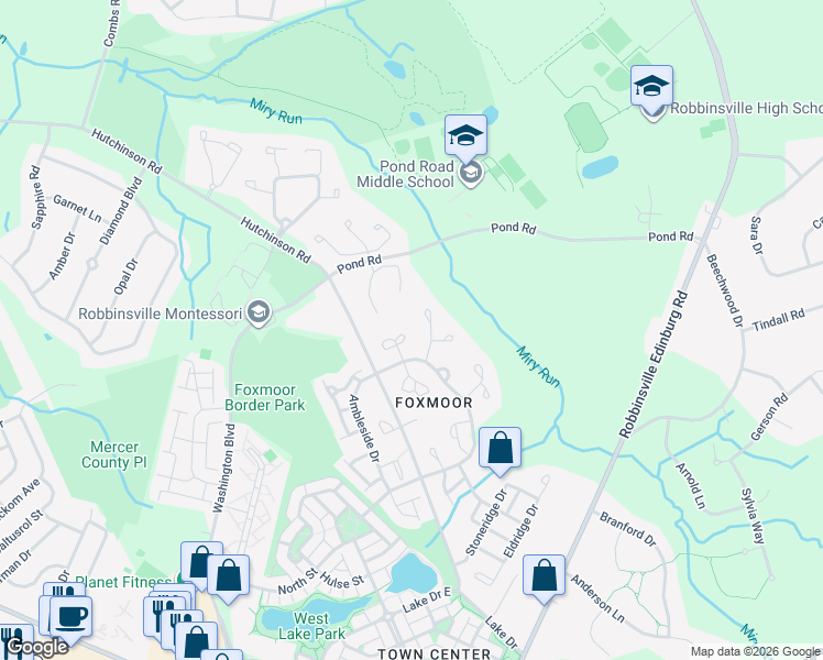 map of restaurants, bars, coffee shops, grocery stores, and more near 36 Stanwyck Court in Robbinsville Township