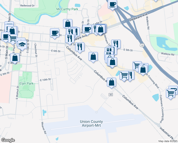 map of restaurants, bars, coffee shops, grocery stores, and more near 1014 Columbus Avenue in Marysville