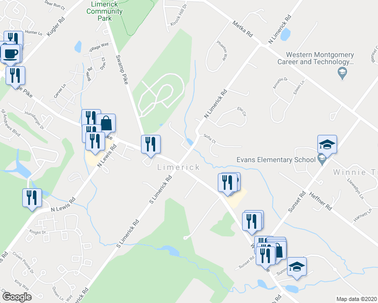 map of restaurants, bars, coffee shops, grocery stores, and more near 21 North Limerick Road in Royersford