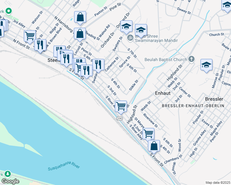 map of restaurants, bars, coffee shops, grocery stores, and more near 337 South 3rd Street in Steelton