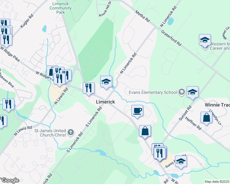 map of restaurants, bars, coffee shops, grocery stores, and more near 22 North Limerick Road in Royersford