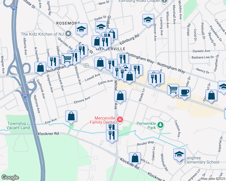 map of restaurants, bars, coffee shops, grocery stores, and more near 2370 Wh-Mer Road in Trenton