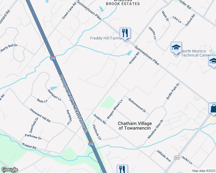 map of restaurants, bars, coffee shops, grocery stores, and more near 1656 Kriebel Road in Lansdale