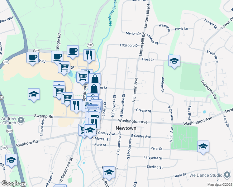 map of restaurants, bars, coffee shops, grocery stores, and more near 153 North Congress Street in Newtown