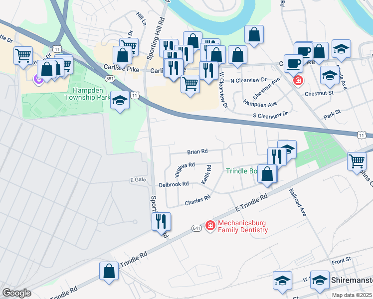 map of restaurants, bars, coffee shops, grocery stores, and more near 4827 Brian Road in Mechanicsburg