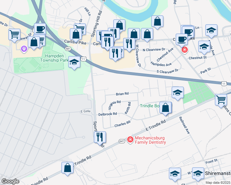 map of restaurants, bars, coffee shops, grocery stores, and more near 4827 Brian Road in Mechanicsburg