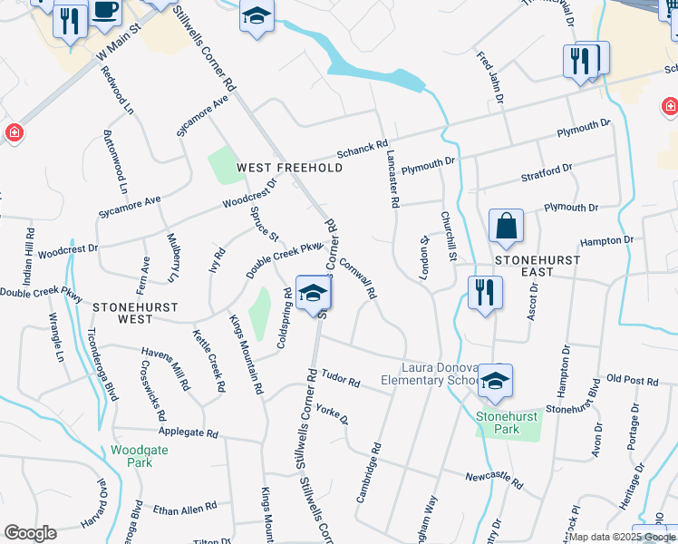 map of restaurants, bars, coffee shops, grocery stores, and more near 251 Stillwells Corner Road in Freehold
