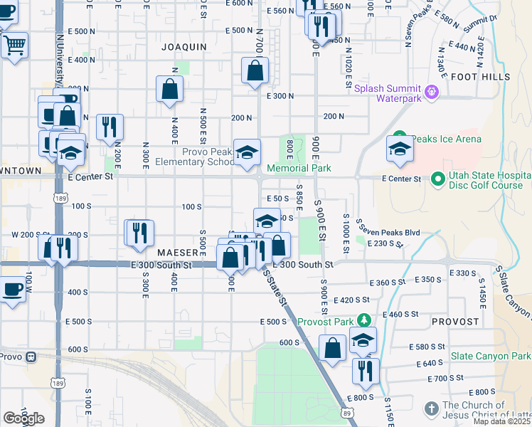 map of restaurants, bars, coffee shops, grocery stores, and more near 717 East 150 South in Provo