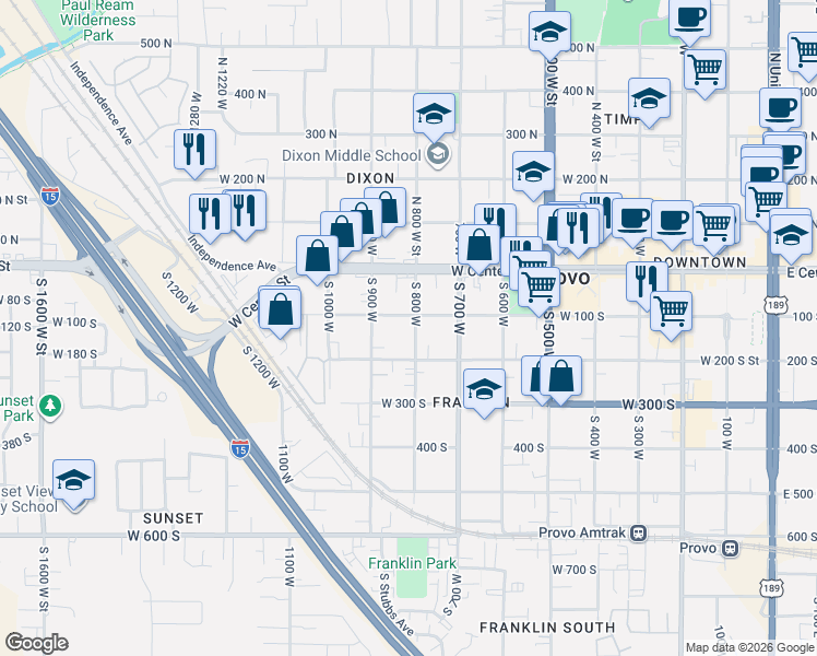 map of restaurants, bars, coffee shops, grocery stores, and more near 850 West 200 South in Provo