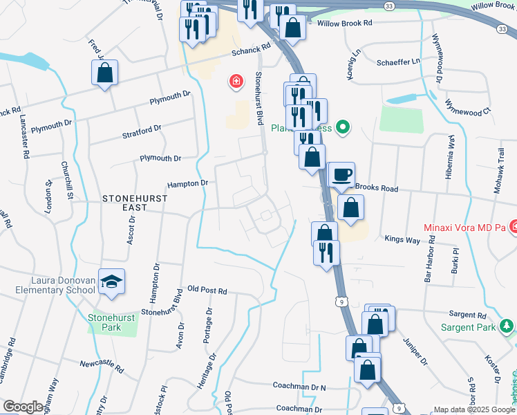 map of restaurants, bars, coffee shops, grocery stores, and more near 120 Stonehurst Boulevard in Freehold