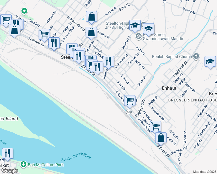 map of restaurants, bars, coffee shops, grocery stores, and more near 300 South Front Street in Steelton