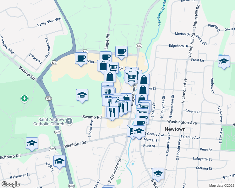 map of restaurants, bars, coffee shops, grocery stores, and more near 2135-2425 South Eagle Road in Newtown