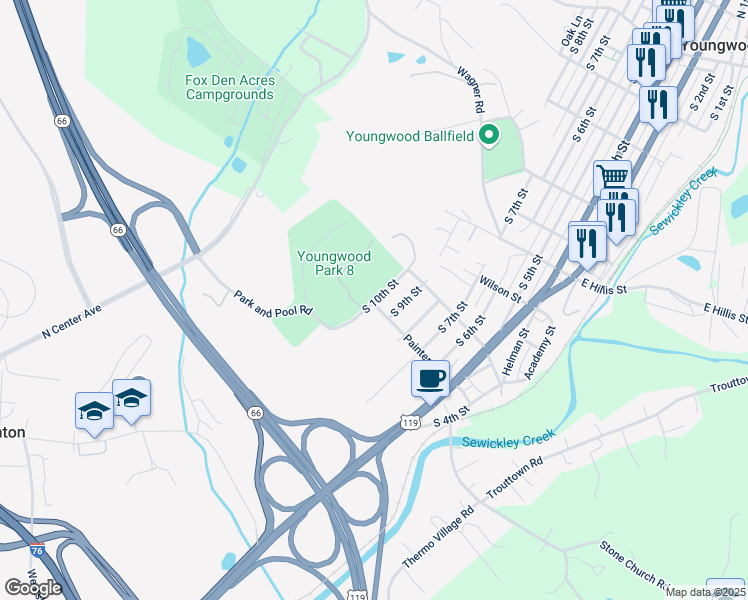 map of restaurants, bars, coffee shops, grocery stores, and more near 901 Painter Street in Youngwood